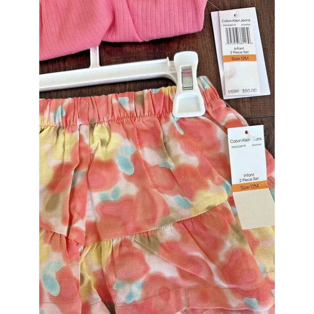 Calvin Klein Girls Elastic Edged Flutter Top & Skort Skirt, 2-PC Coral 12 Months